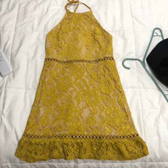 Fashion Union Dresses | Fashion Union High Neck Lace Dress With Low Back | Color: Yellow | Size: 4 | Aimee_M11's Closet Fashion Union Dresses | Fashion Union High Neck Lace Dress With Low Back | Color: Yellow | Size: 4 | Aimee_M11's Closet